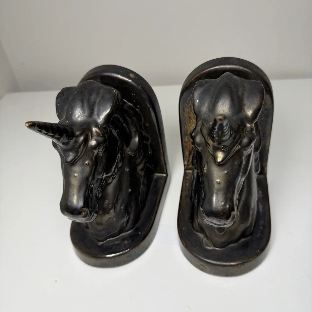 Set Of 2 VTG Ceramic Unicorn Bookends 80s Fantasy Bronze‎ Glaze Horn 7